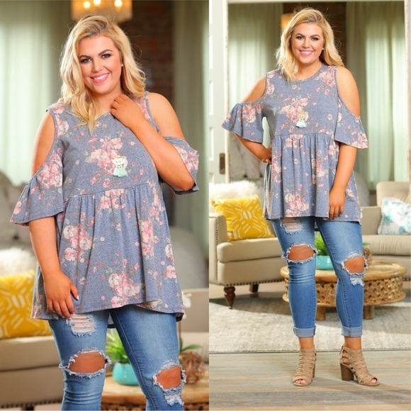 SKYE by INFINITY RAINE Tops - PLUS  Blue Vintage Wash Floral Cold Shoulder Top